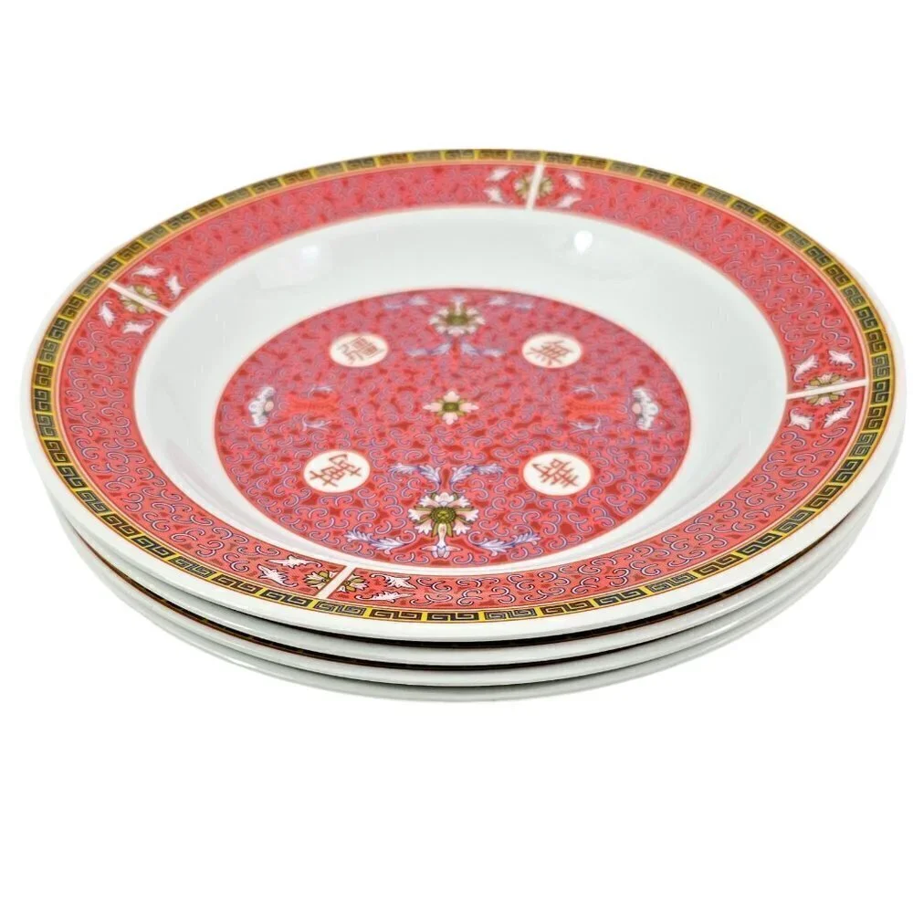Chalice Melamine Red Geometric Asian Design Pattern Soup Salad Bowls – Set of 4